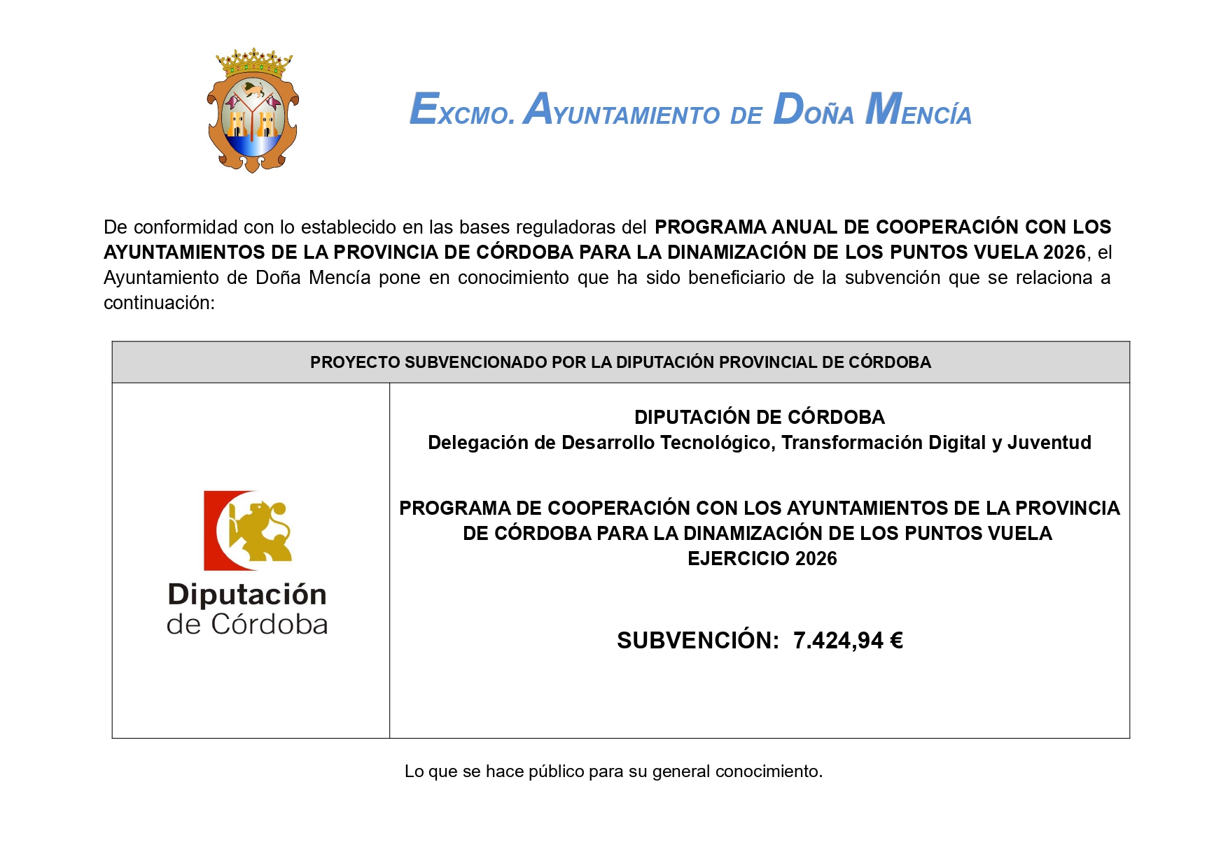 PROGRAMA ANUAL DE COOPERACIÓN CON LOS AYUNTAMIENTOS DE LA PROVINCIA DE CÓRDOBA PARA LA DINAMIZACIÓN DE LOS PUNTOS VUELA 2026